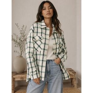 Zara Womens‎ XL Green Black Plaid Button Down Shacket Oversized Textured Jacket